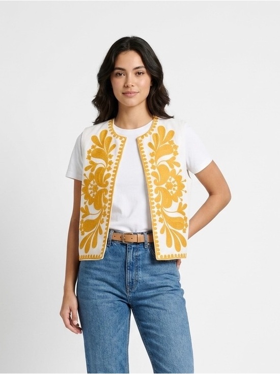 Veveret Jackets & Blazers - Veveret Boho Embroidered Vest L Cream Yellow Floral Open Front Festival Cottage